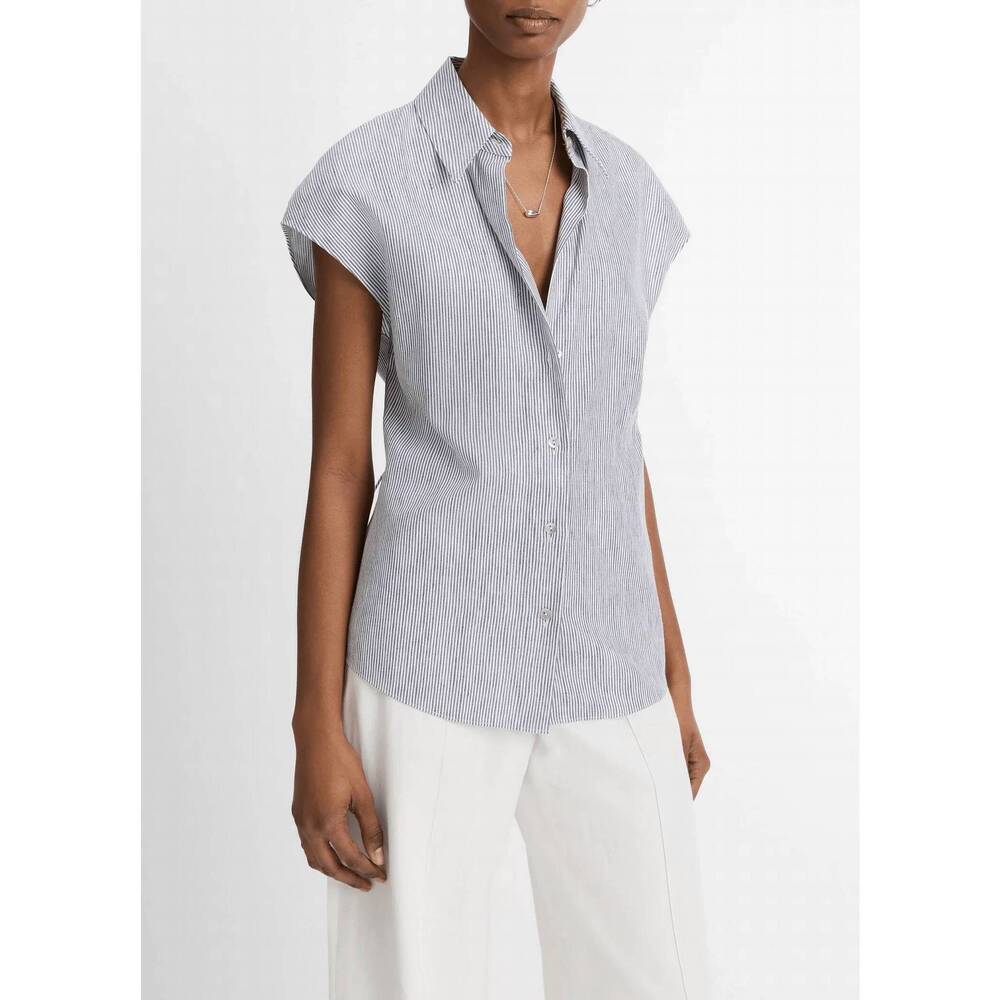 NEW VINCE ticking stripe linen-cotton cap sleeve blouse in iris slate / off-whit - Picture 4 of 5